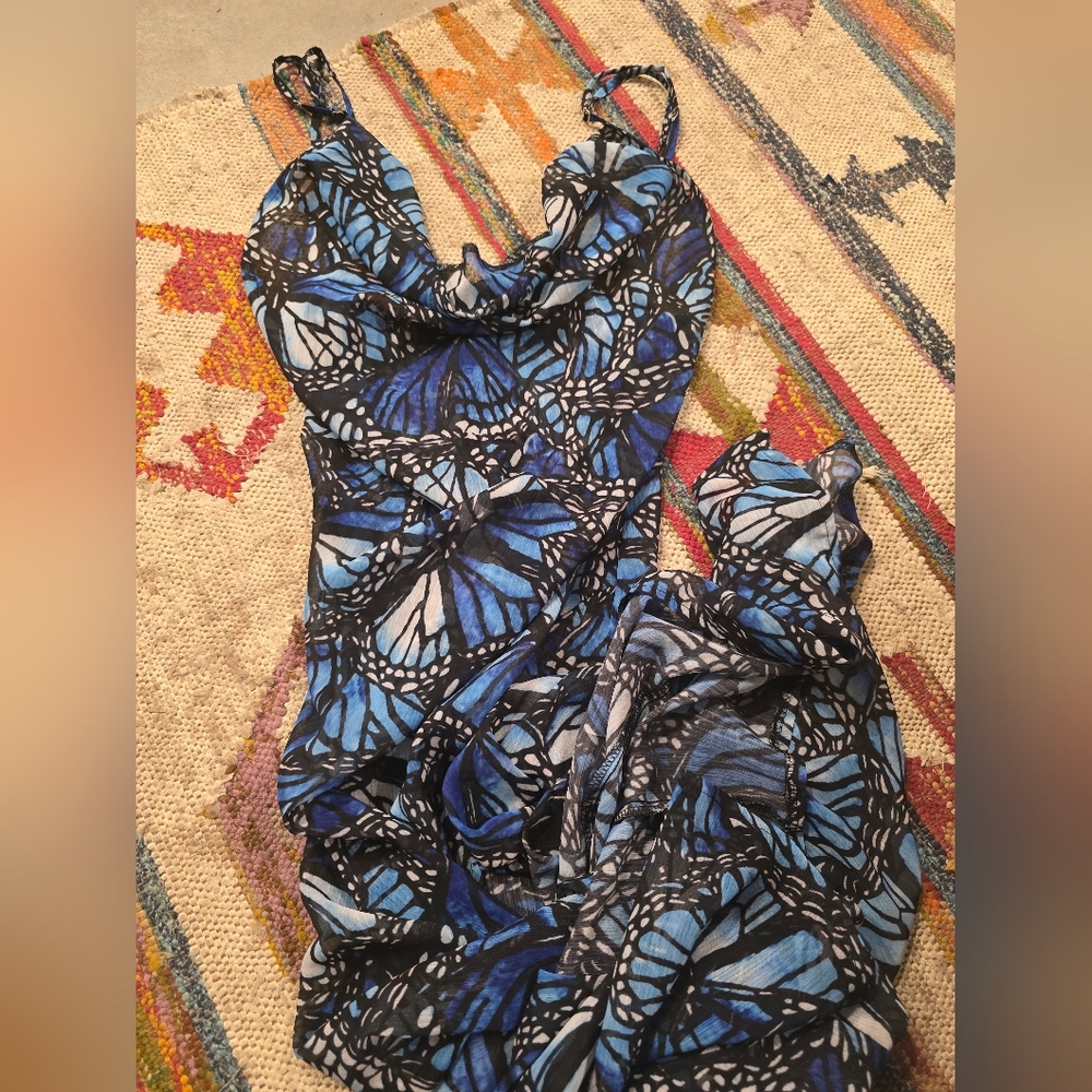 Blue and Black Butterfly Print Dress